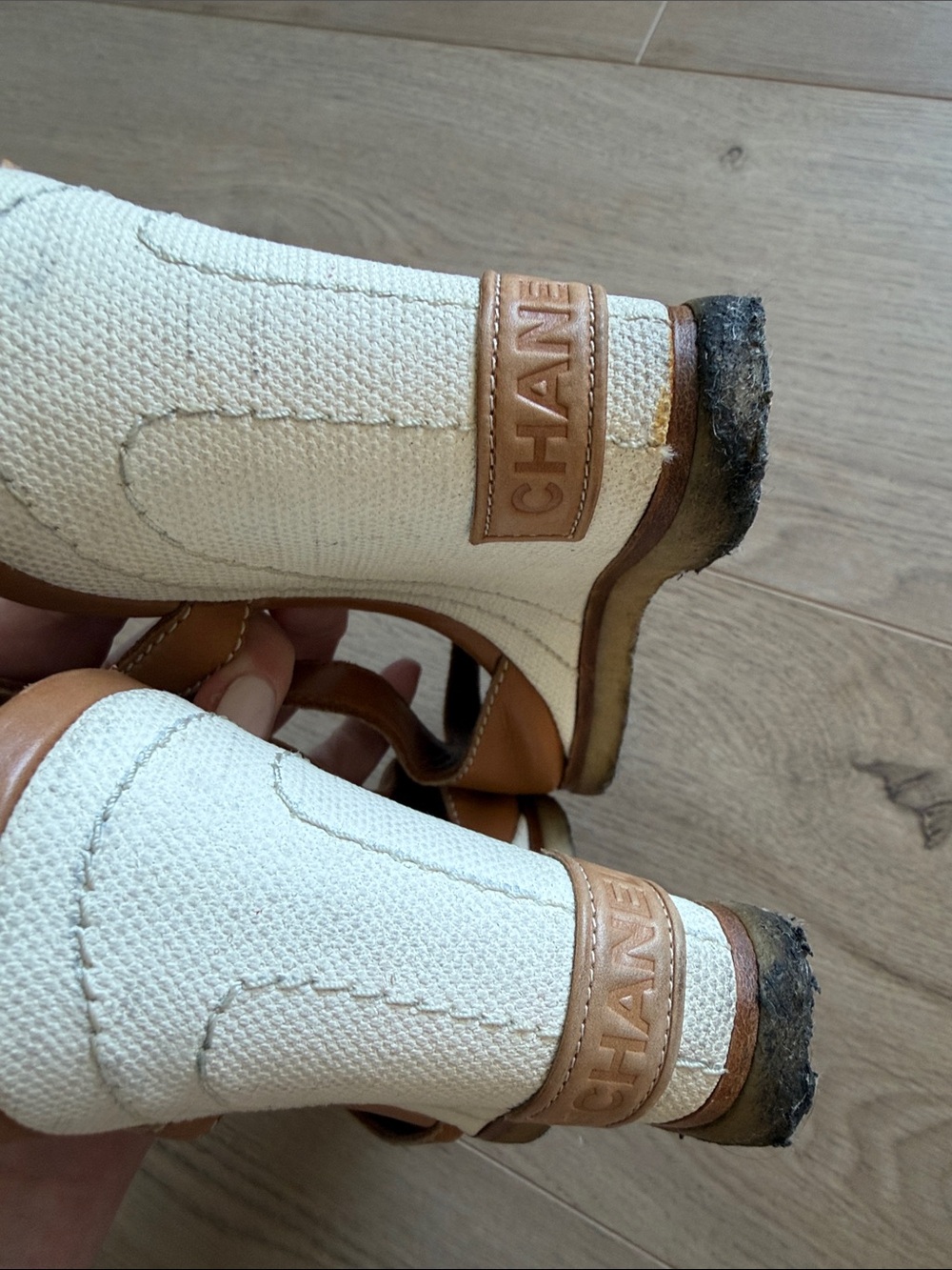 Authentic Chanel Tan Leather Slingback Wedge Sandals - Picture 7 of 7